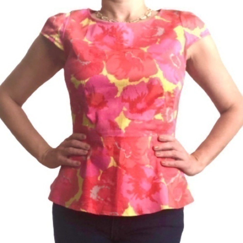 PINK RED YELLOW FLORAL PEPLUM TOP LOFT